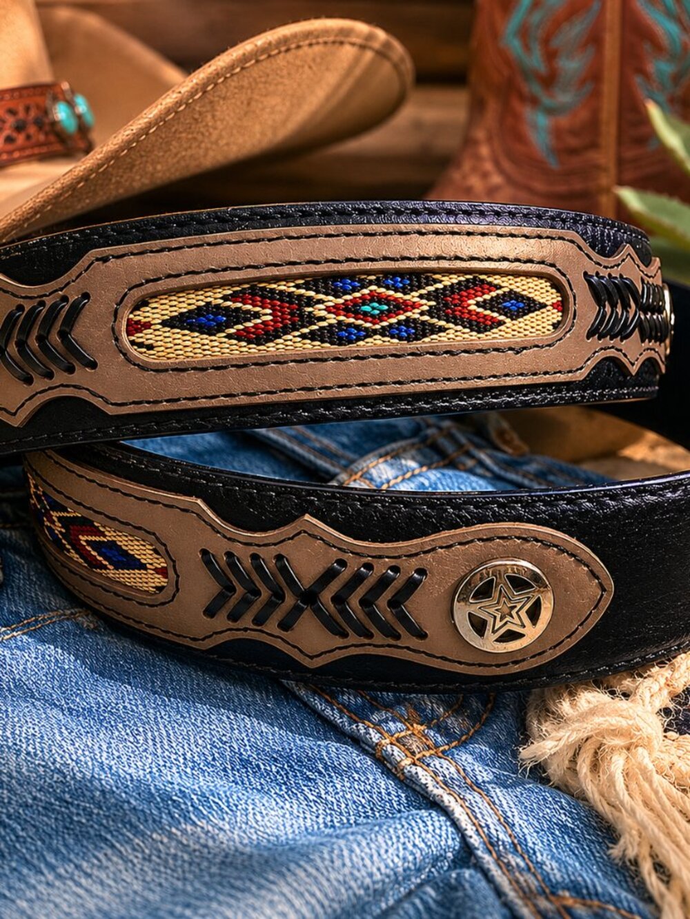 Vintage Western Leather Belt Womens M 34-36 Concho Southwest Black